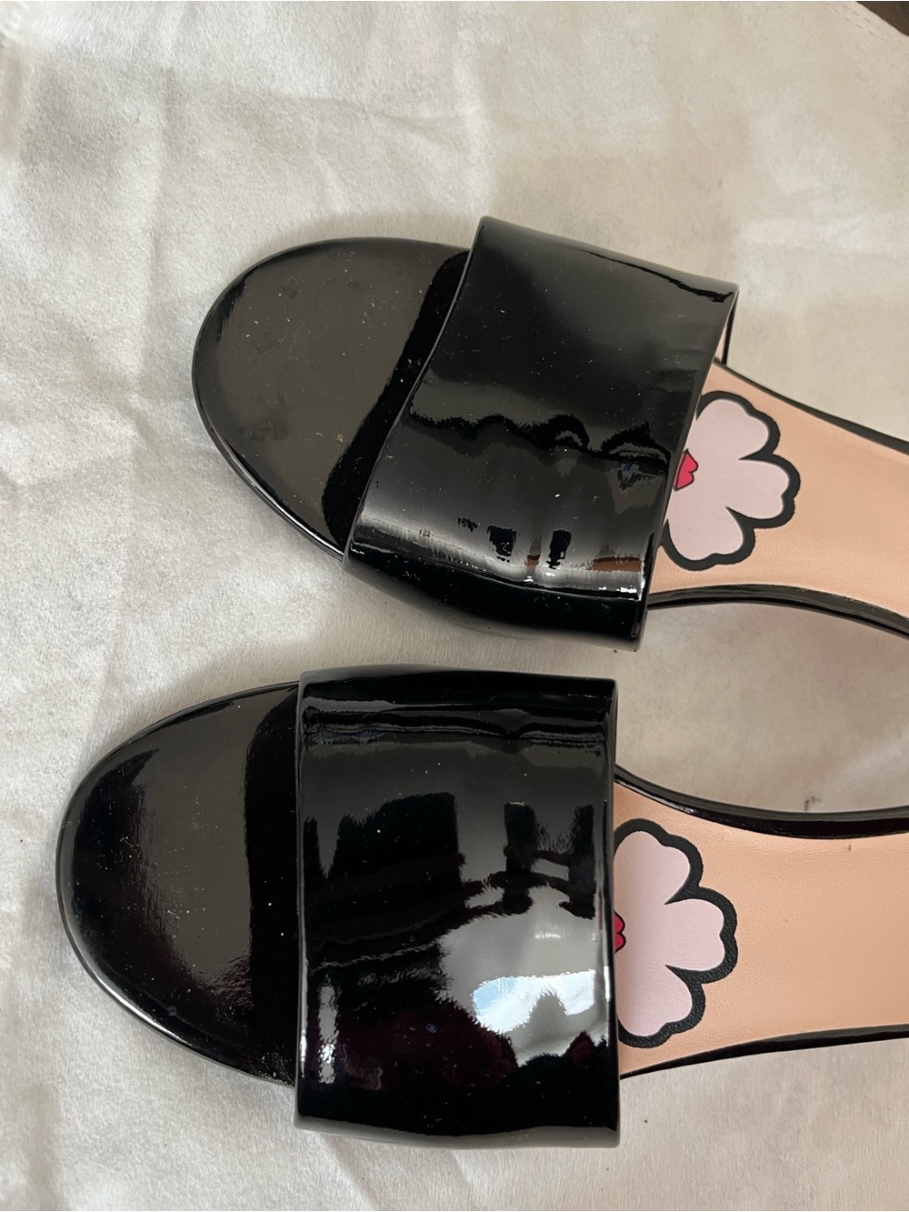 kate spade Black Patent Slide Mules with Pink Floral Insole - Picture 3 of 5